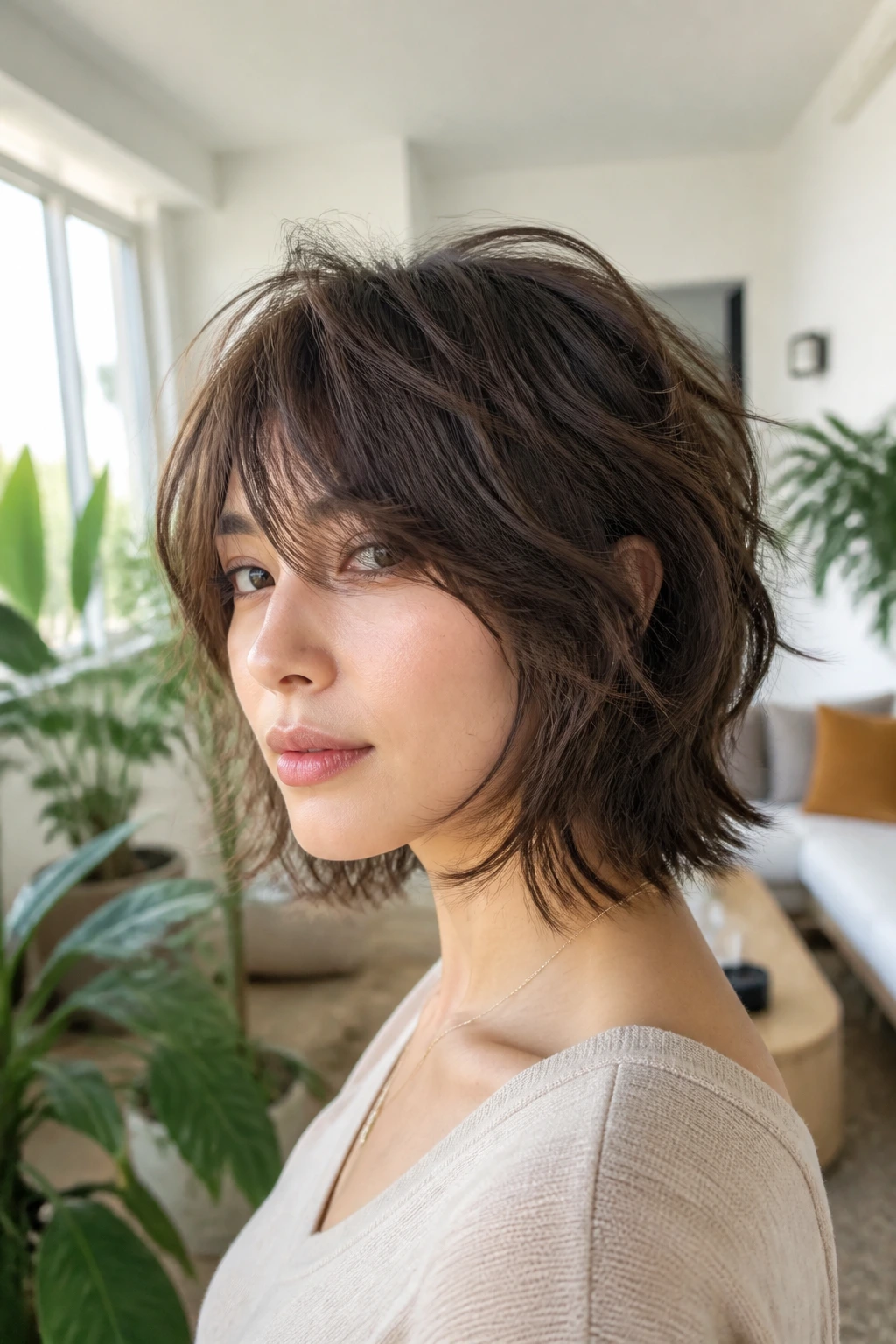 Portrait of a woman with a soft wolf-bob hybrid and side-swept bangs in a bright living room.