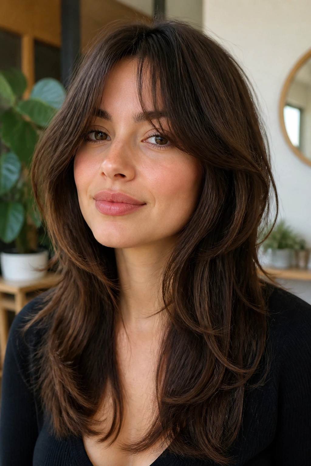 Close-up portrait of a real person with a softened wolf cut in warm natural light