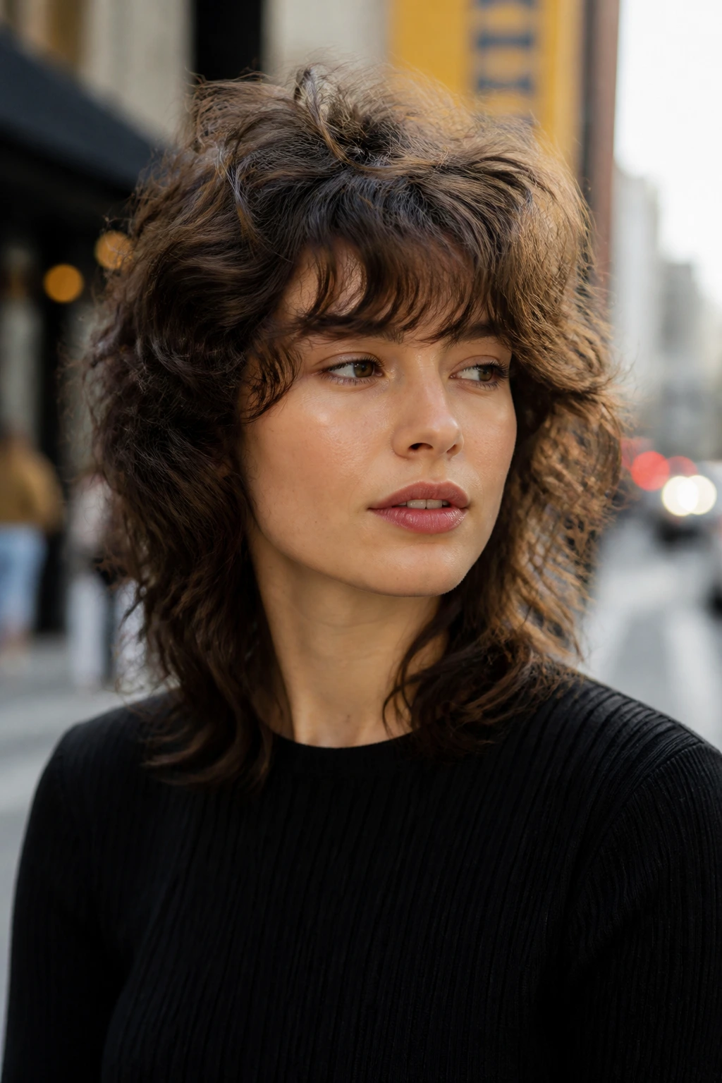 Close-up of a person with a soft wolf cut under natural daylight