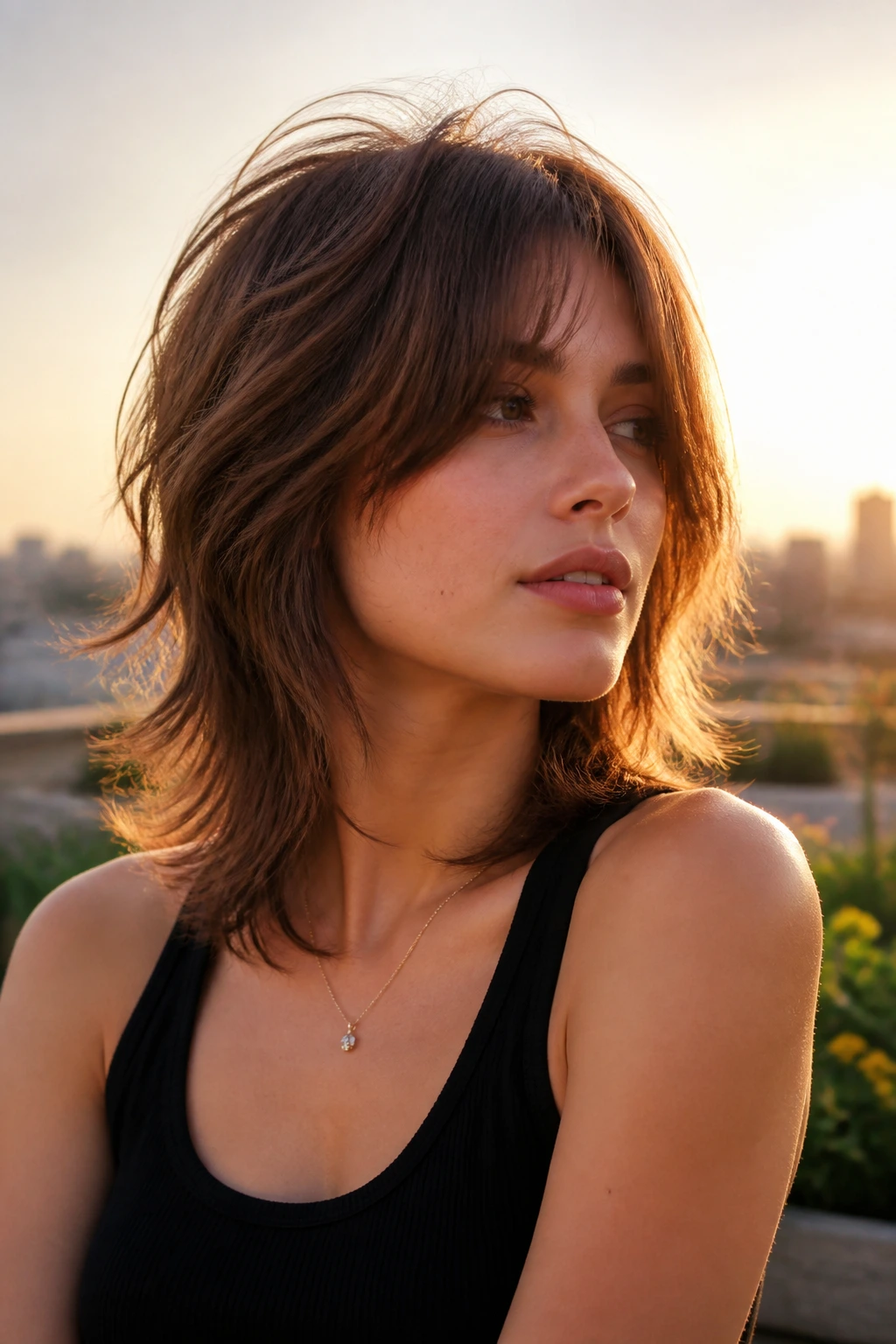 Close-up portrait of a real woman with a soft wolf cut hairstyle