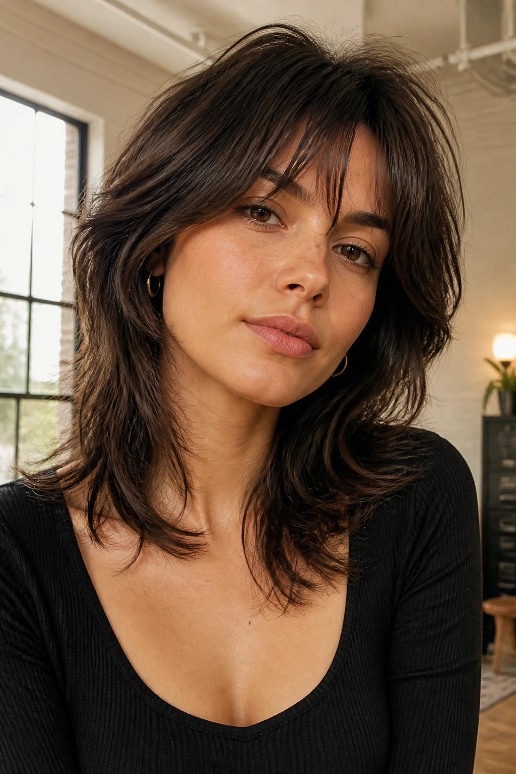 Close-up of a real woman with a soft wolf cut showing crown lift and movement