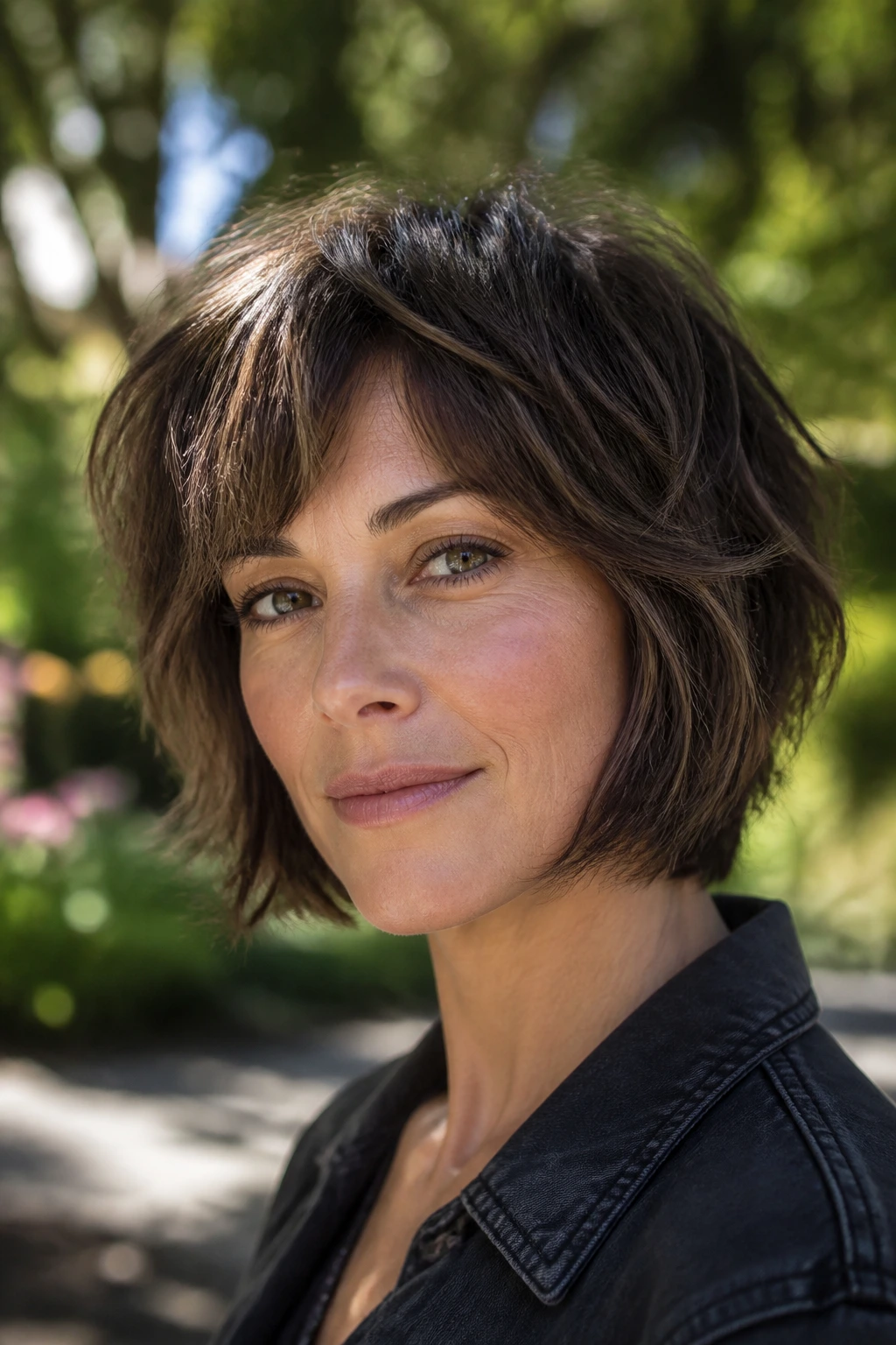 Close-up portrait of a real woman with a soft wolf-cut bob in a garden setting.