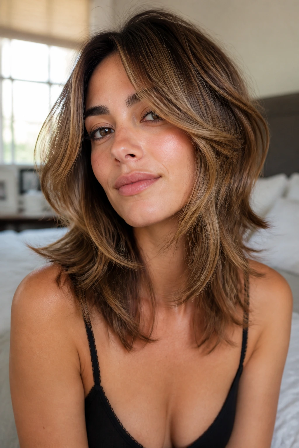 Close-up portrait of a woman with a soft wolf cut and caramel balayage