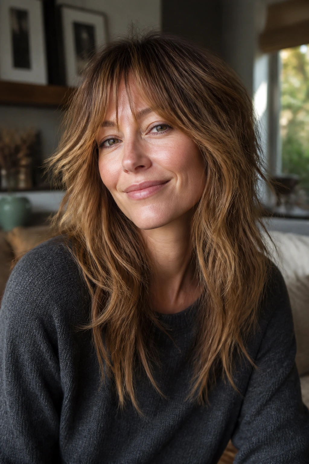 Real woman with softened wolf cut showing texture and caramel pieces