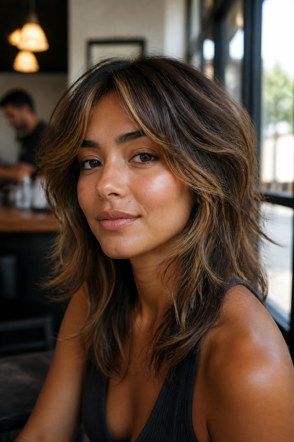 Real woman with soft wolf cut and airy caramel pieces in cafe light