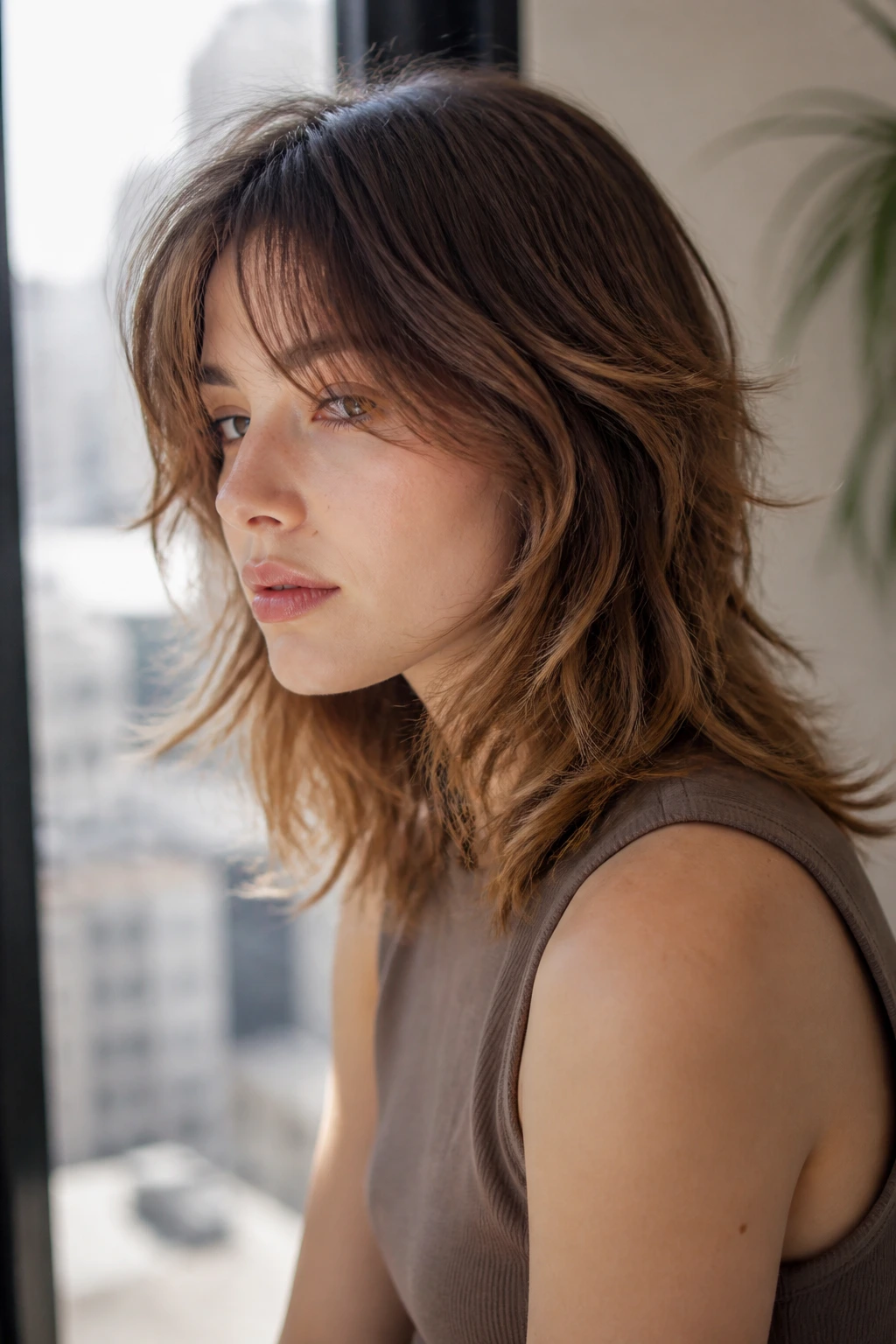 Close-up of a person with soft wolf cut and muted caramel tipping