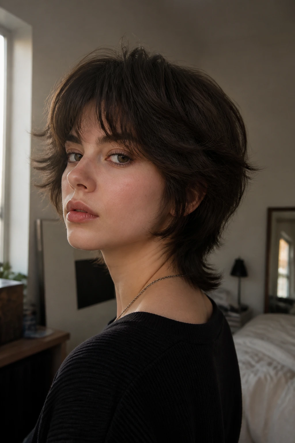 Close-up of a real person with a softened wolf cut and clean nape in natural window light