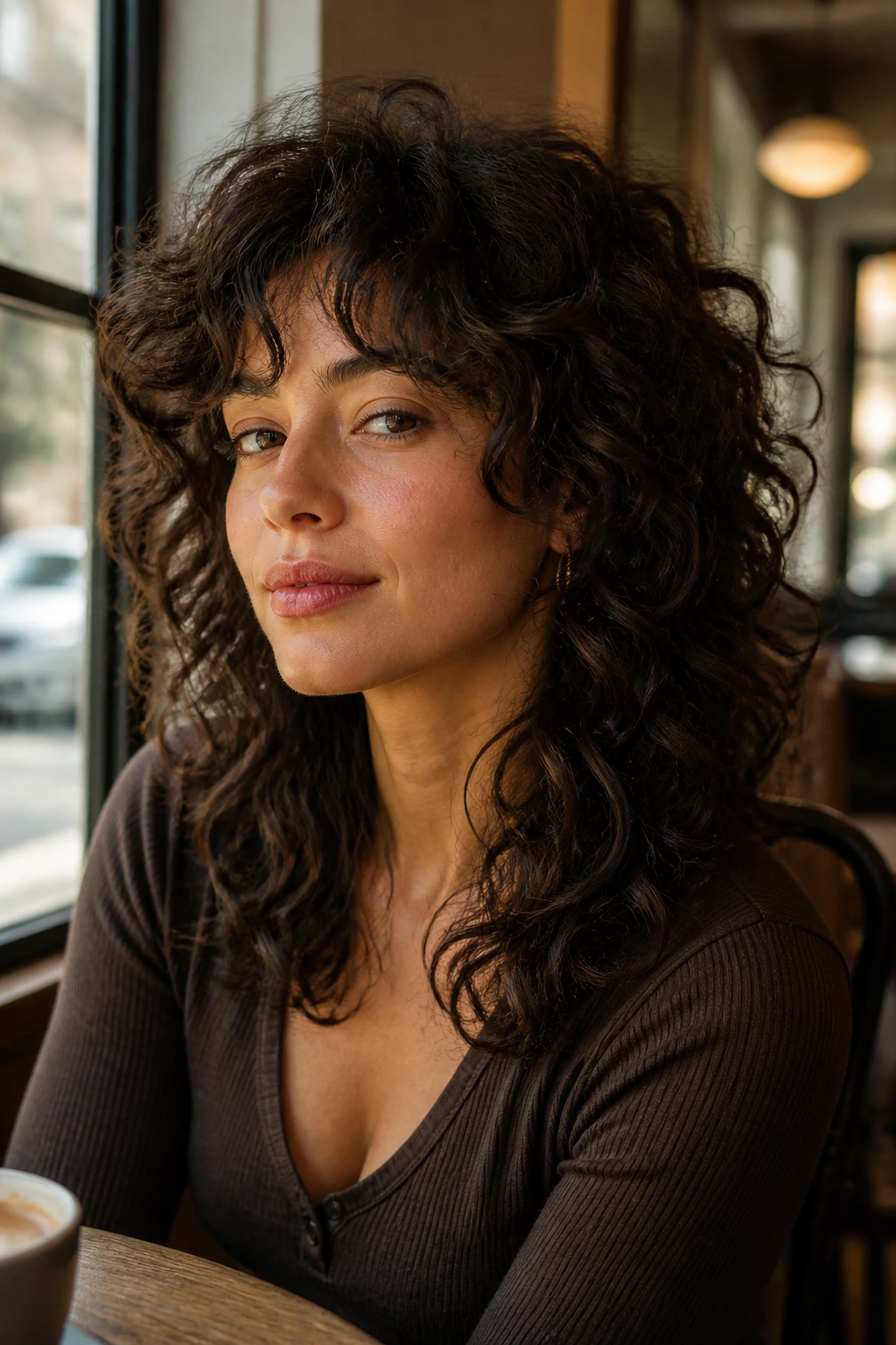 Medium close-up of a real person with a soft wolf cut and face-framing curls
