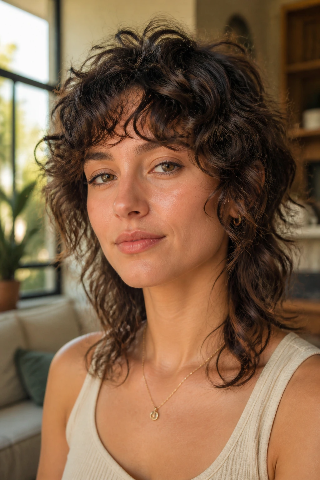 Close-up portrait of a real woman with a soft wolf cut, curly layers filling the frame