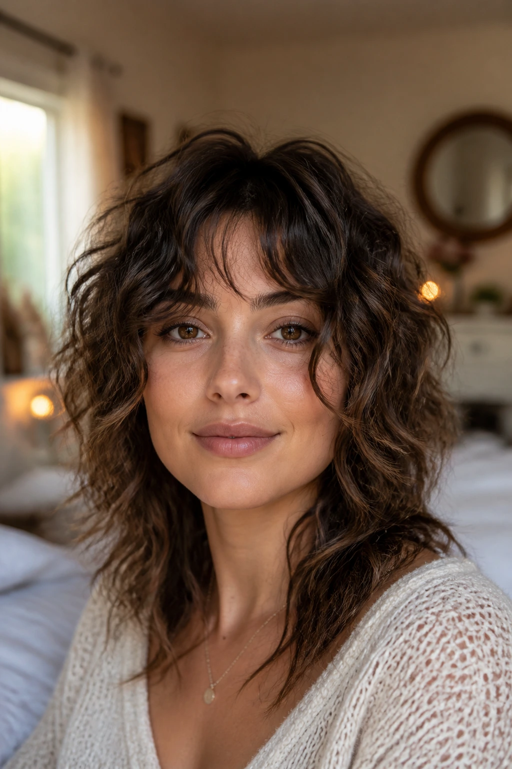 Close-up portrait of a real woman with face-framing curls