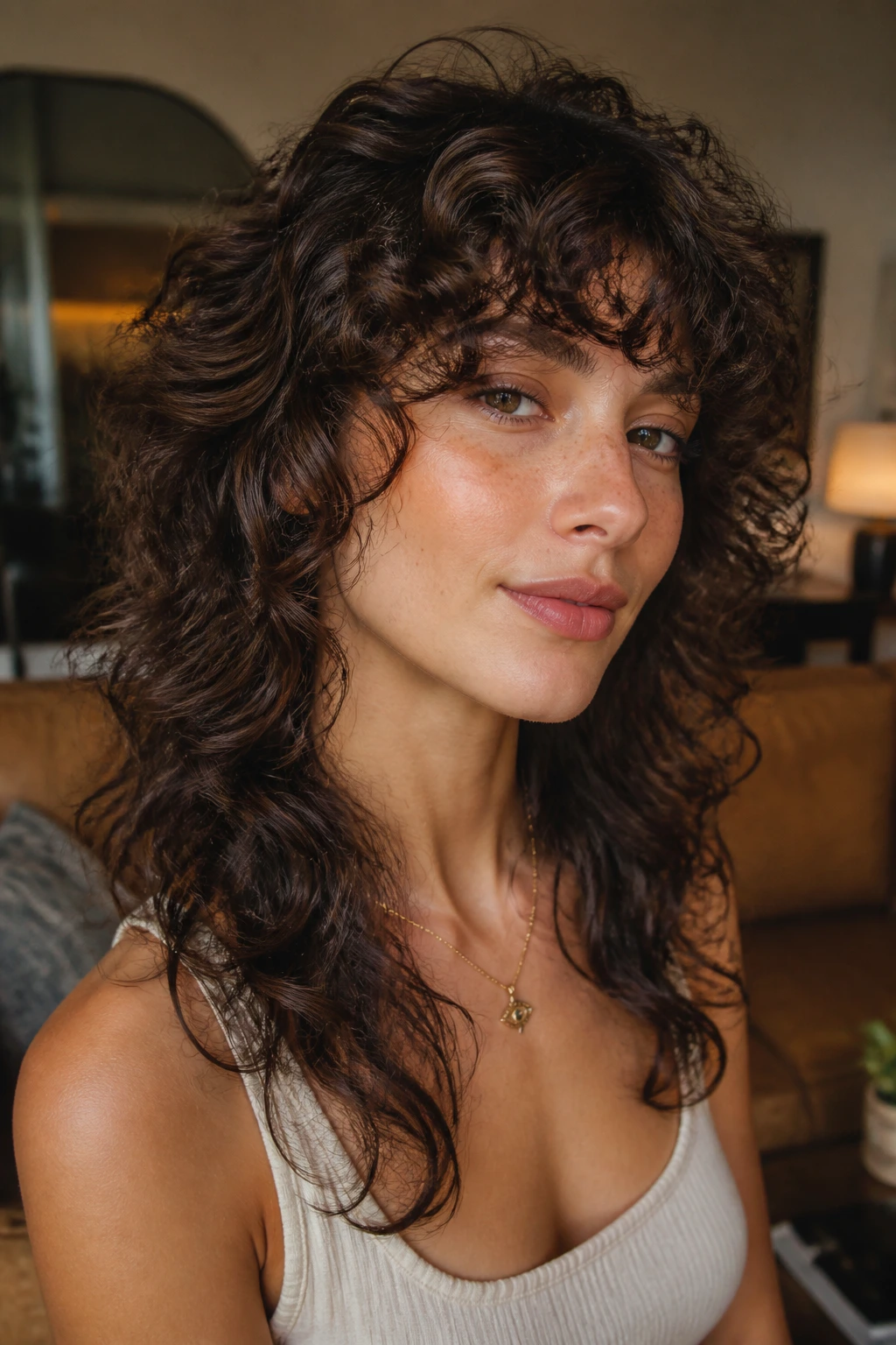 Real woman showing soft wolf cut layers with a curly fringe