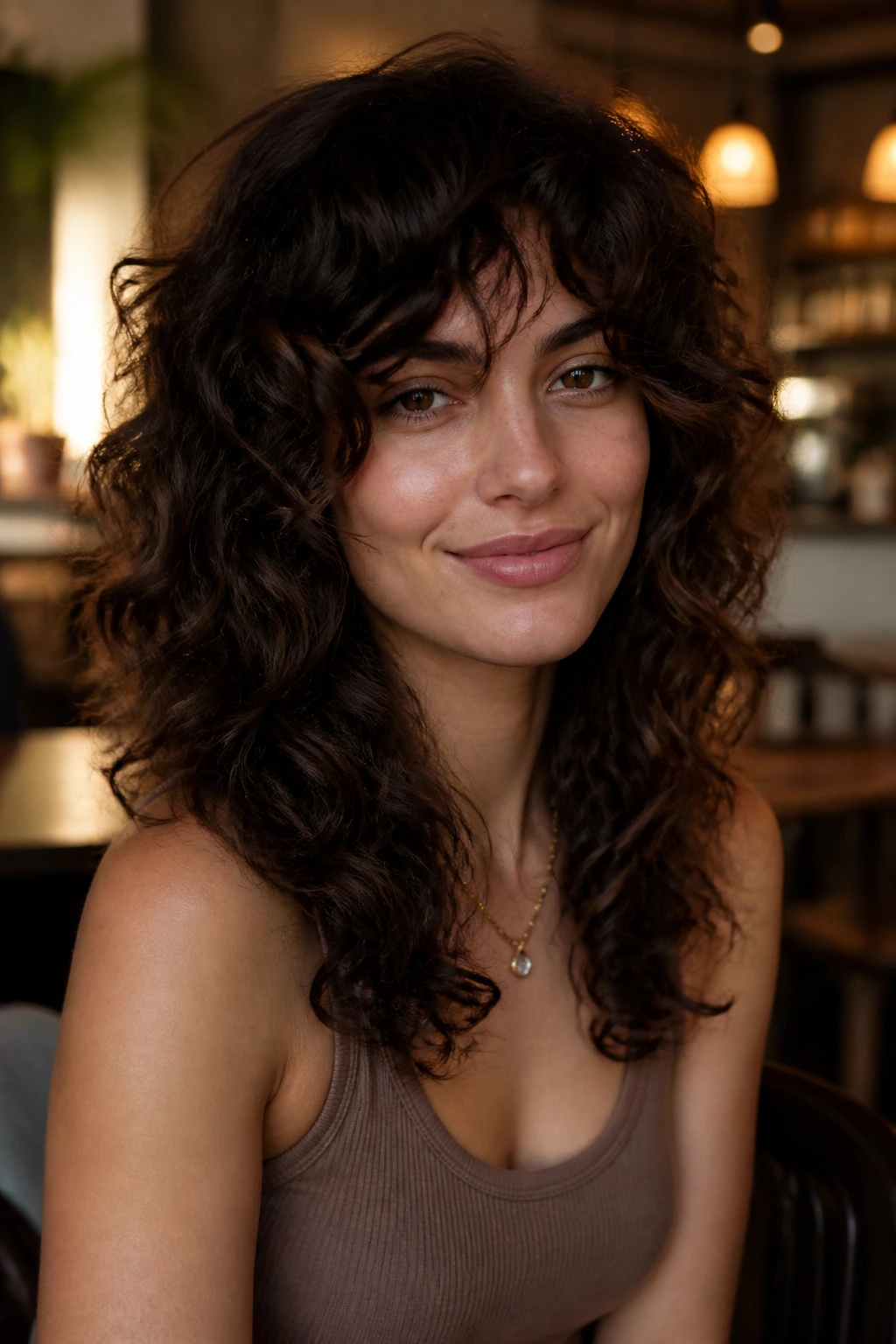 Portrait of a woman with a soft wolf cut on curly hair