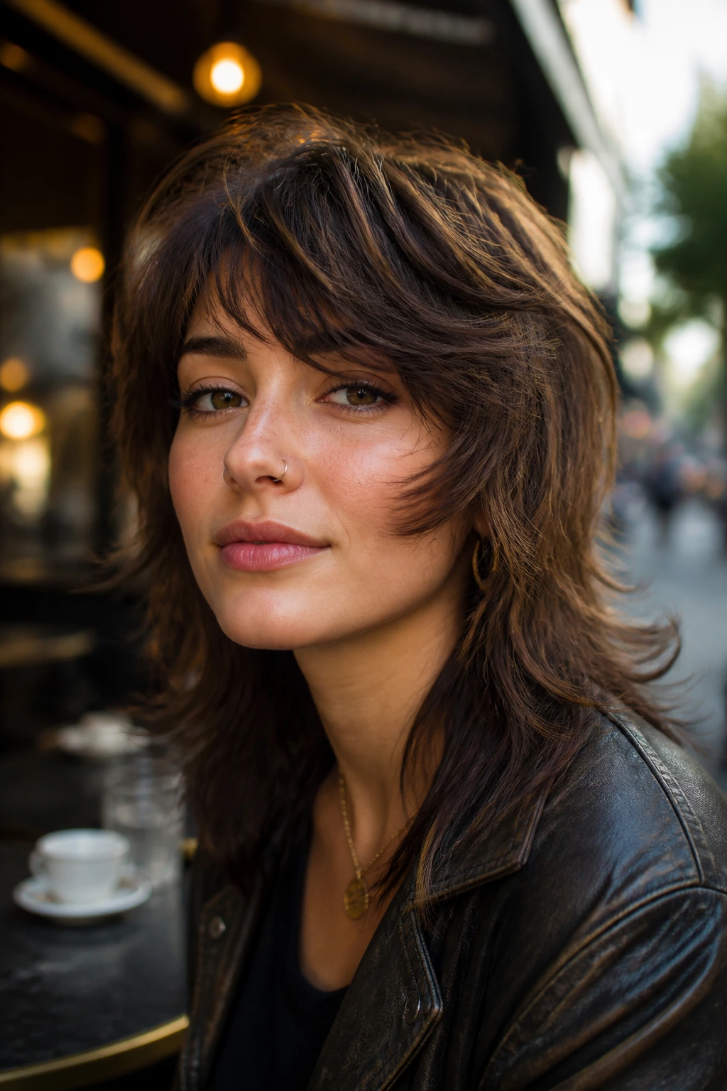 Portrait of a woman with soft wolf cut and curved side fringe in cafe lighting