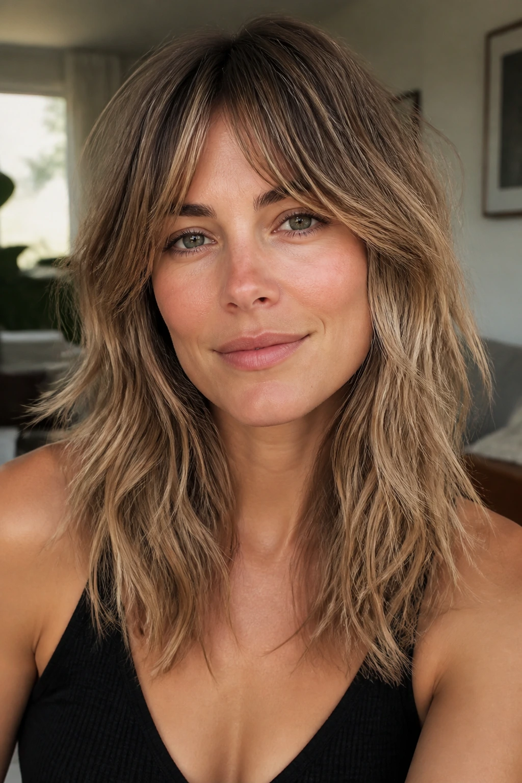 Real woman with a soft wolf cut on fine hair