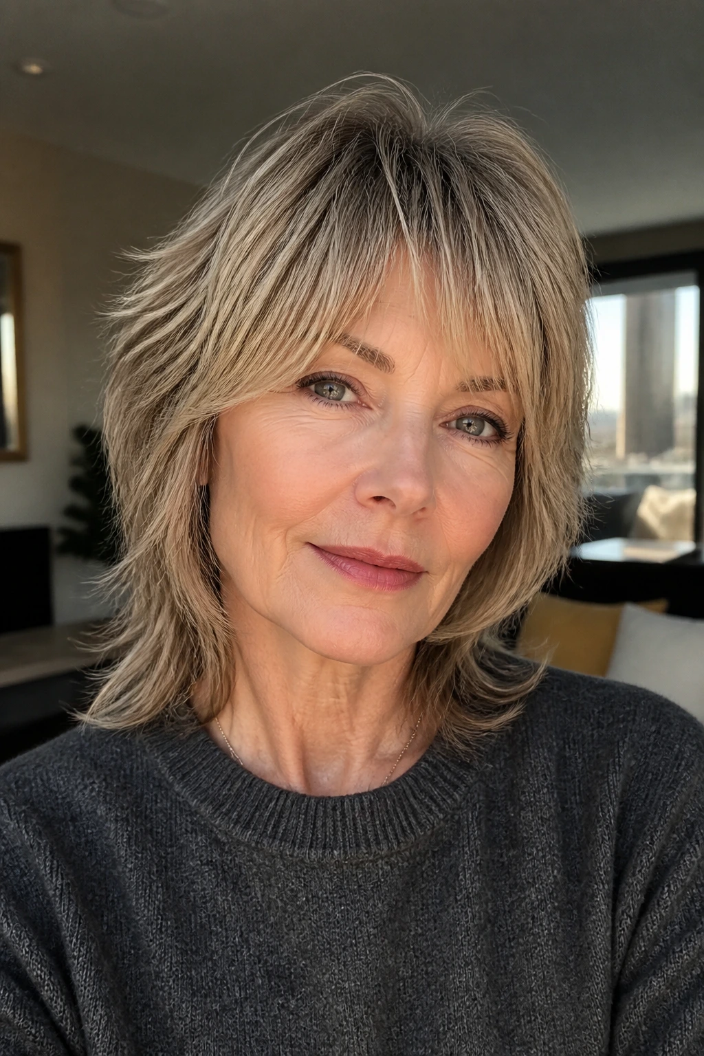 Close-up of a real woman with a soft wolf cut for fine hair