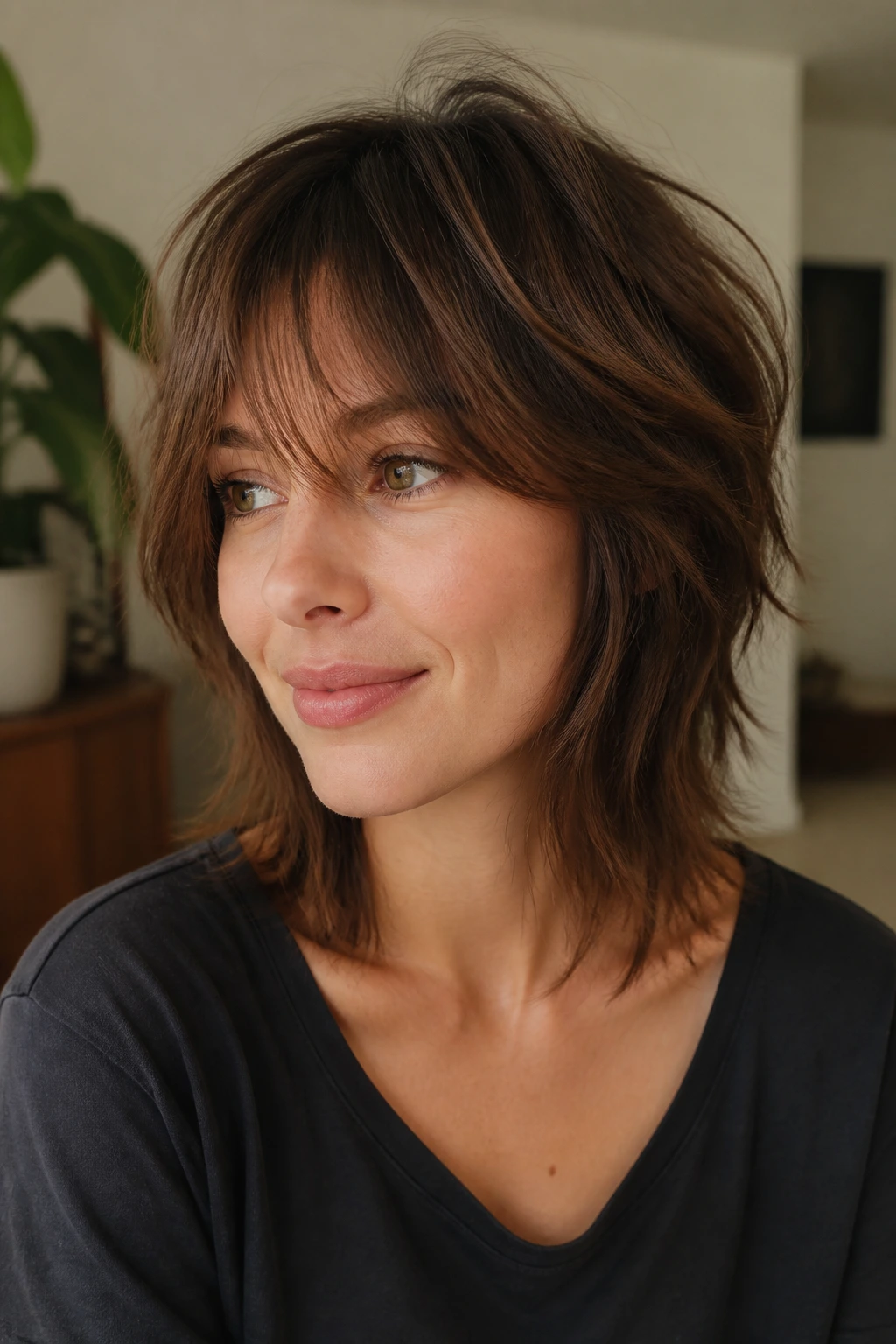 Close-up of a real woman with a soft wolf cut in a cozy living room light