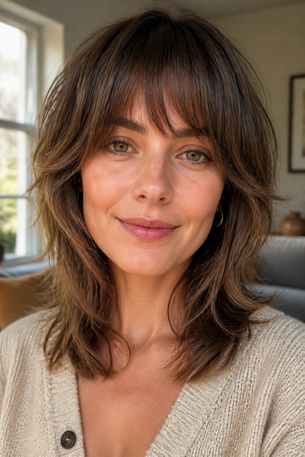 Close-up portrait of a real woman with a soft wolf cut on fine hair in warm natural light