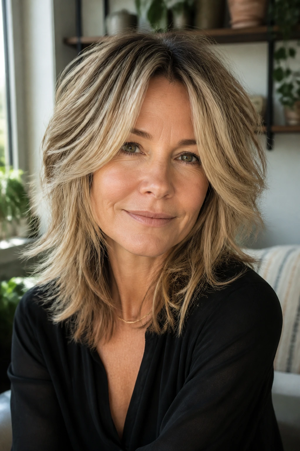 Portrait of a woman with a soft wolf cut on fine hair in natural light