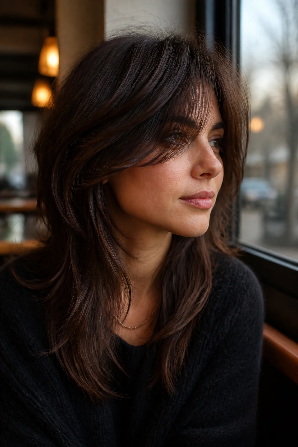 Close-up of a real person with a soft wolf cut and long fringe