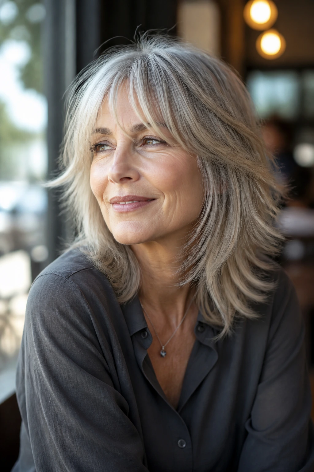 Close-up portrait of a real woman with soft wolf cut and gentle fringe, warm daylight.