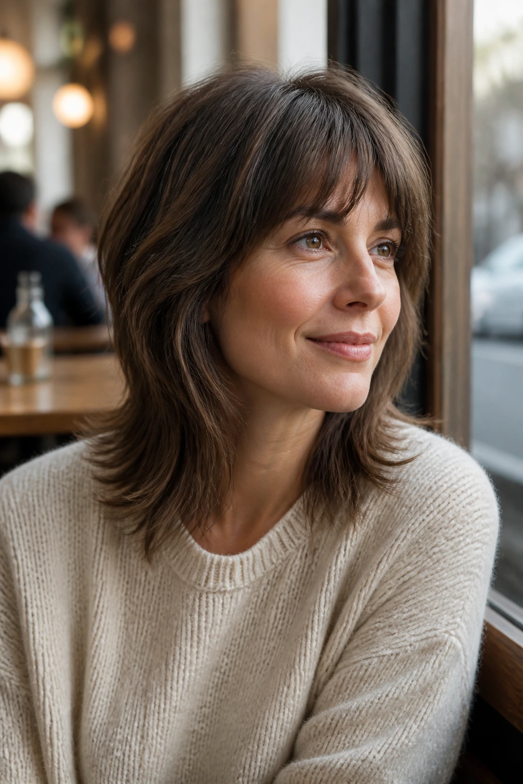 Portrait of a real woman with a soft wolf cut and gentle fringe.