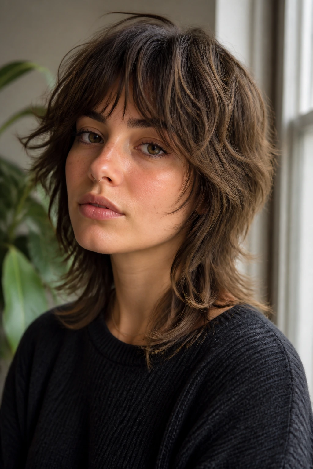 Real woman with a soft wolf cut and lifted crown in natural light