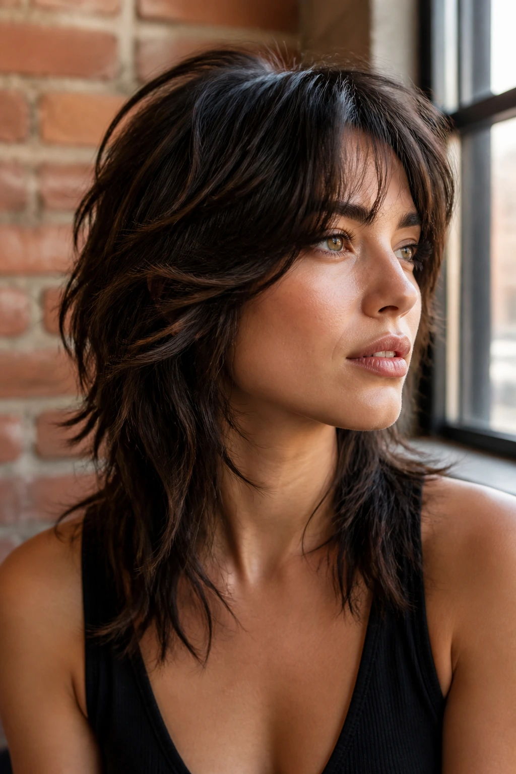 Close-up of a real woman with a Soft Wolf Cut featuring lift and perimeter