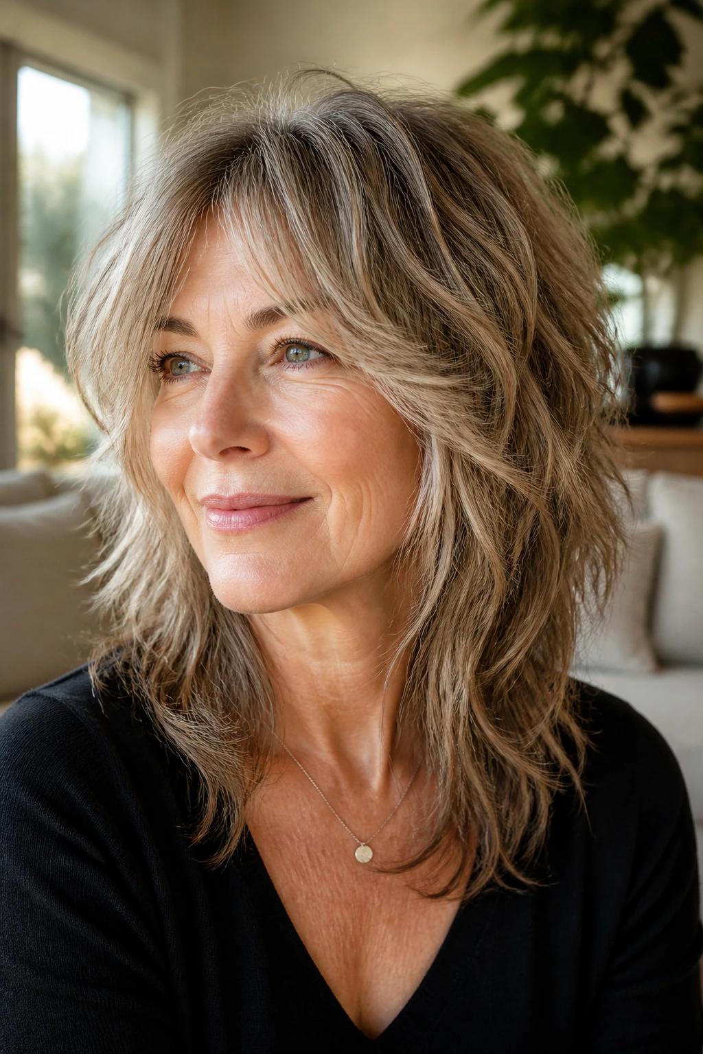 Close-up portrait of a real woman with a soft wolf cut hairstyle