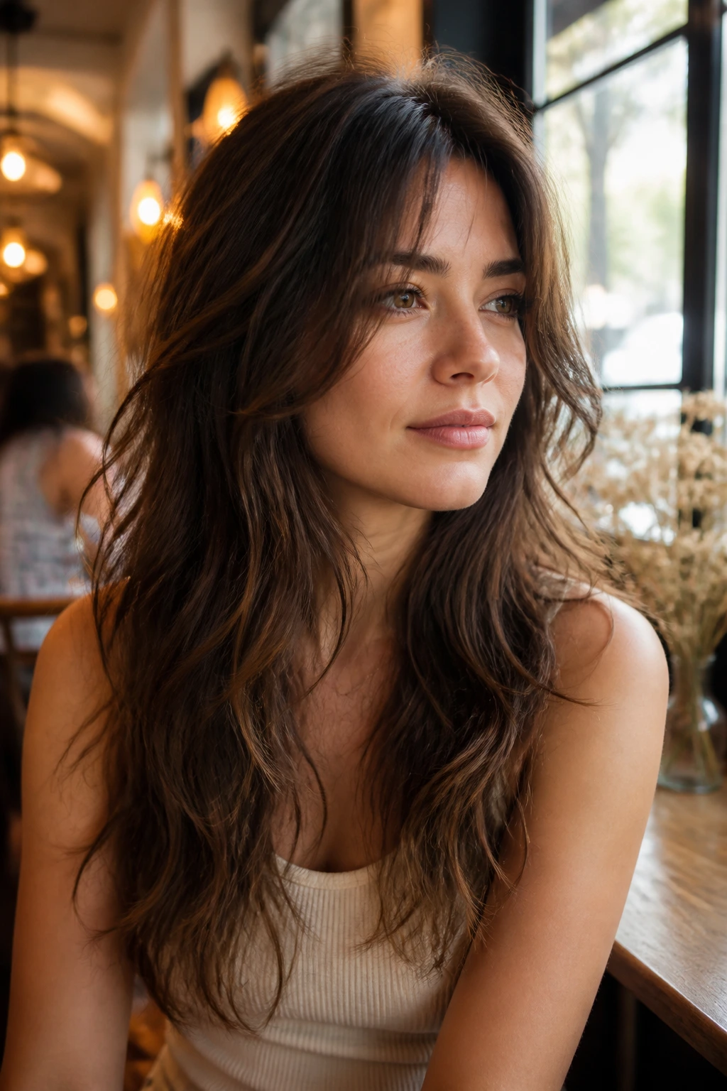 Portrait of a woman with Soft Wolf Cut Lite showing gentle top layers and long bottom