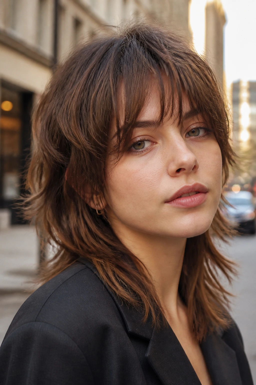 Real woman with a soft wolf cut lite showing face-framing layers.