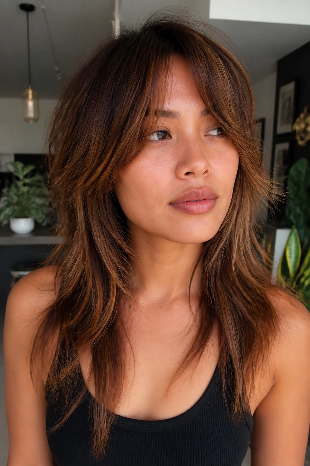 Close-up of soft wolf cut with longer bottom line in copper honey tones