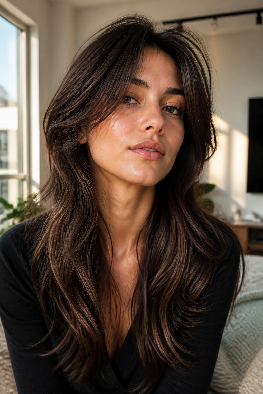 Close-up of a real woman with a soft wolf cut on long hair.