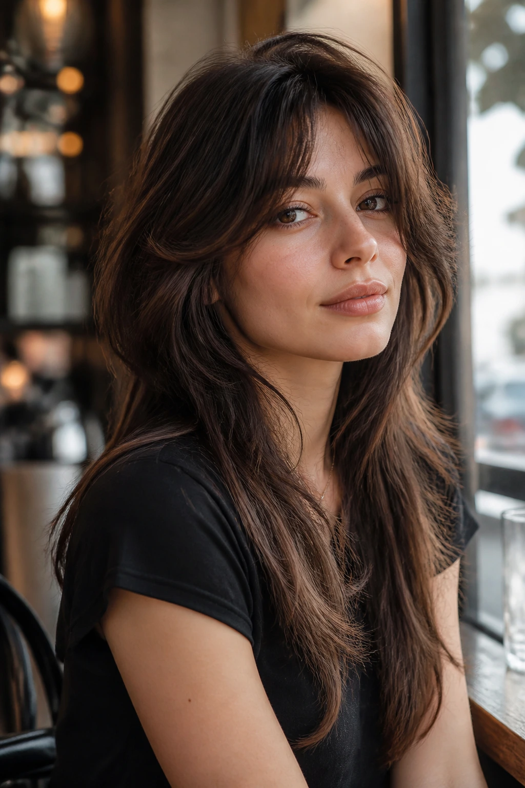 Close-up of a real woman with a textured soft wolf cut on long hair in cafe window light