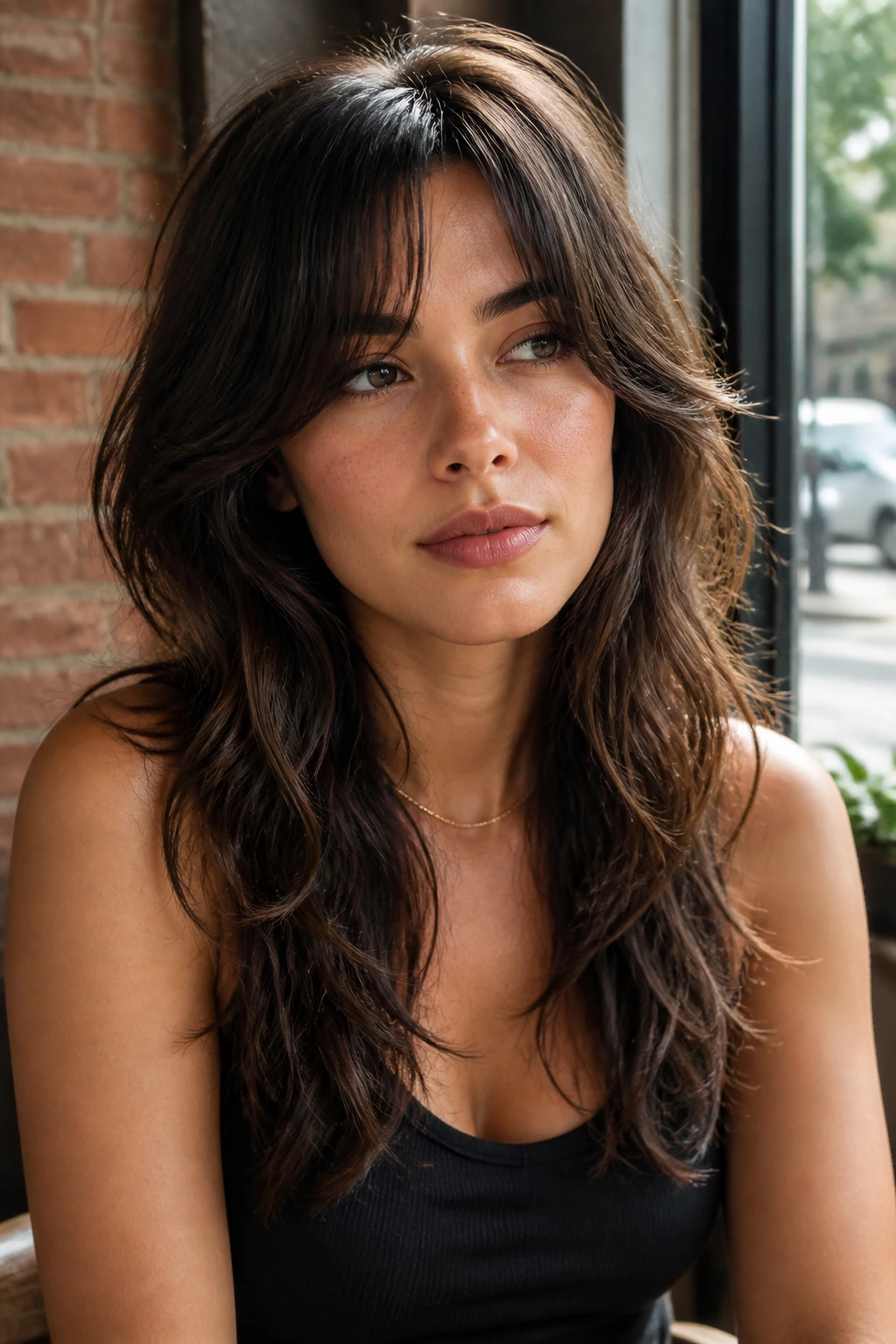 Close-up portrait of a real woman with a soft wolf cut for long length.