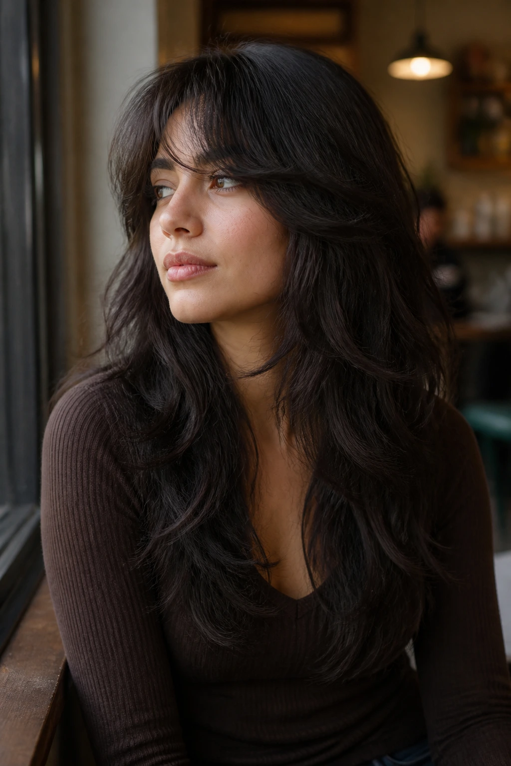 Portrait of a real woman with a soft wolf cut and long thick hair