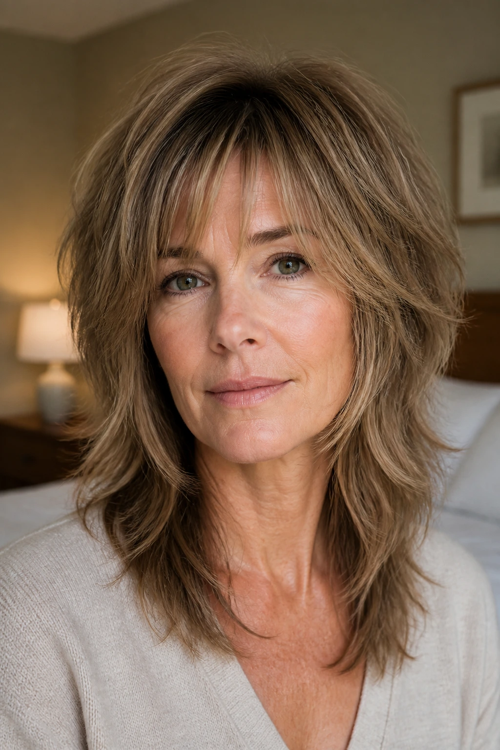 Close-up of a real woman wearing a soft wolf cut with a longer perimeter in warm natural window light.