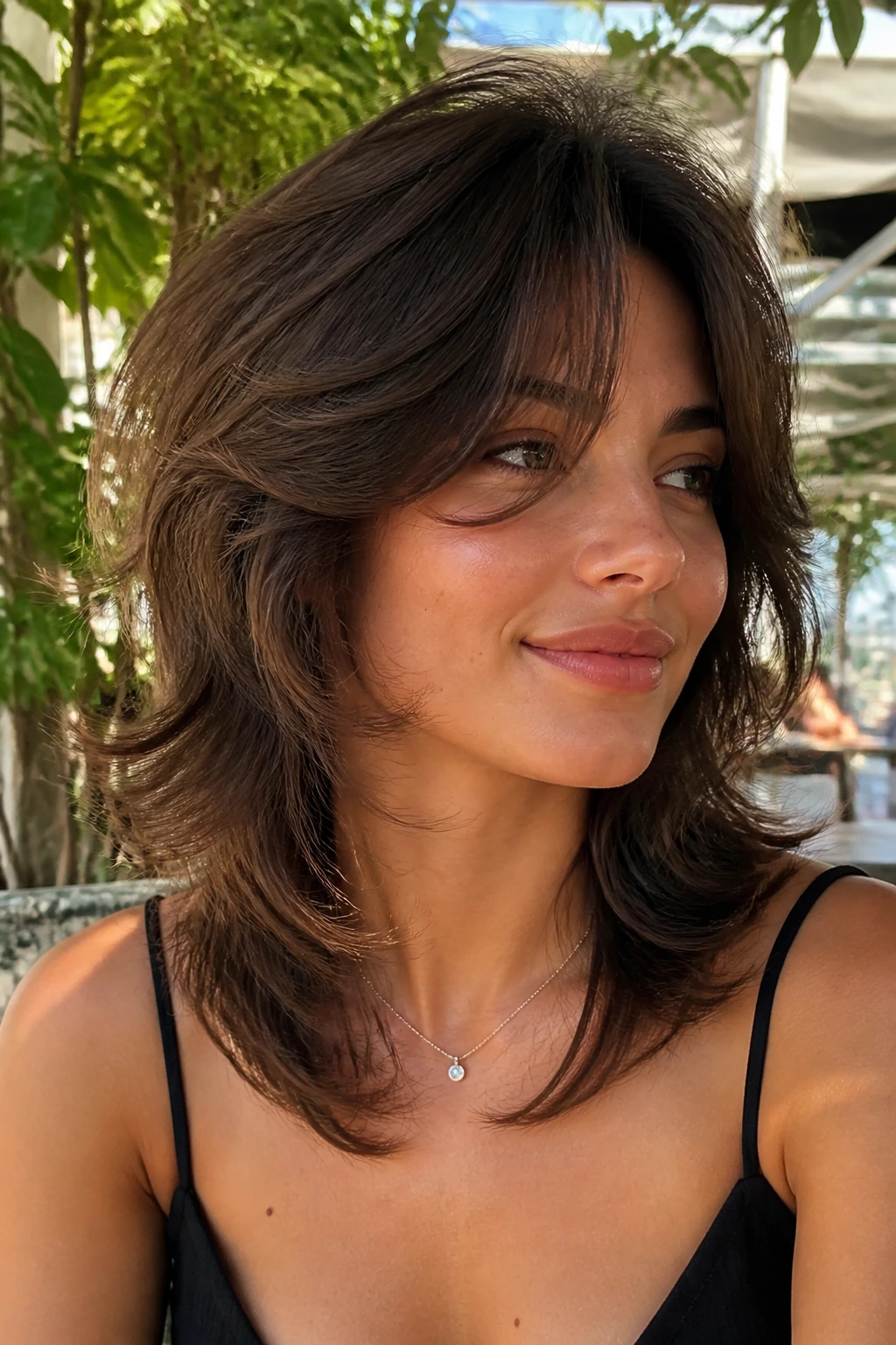 Close-up portrait of a real woman with soft wolf cut on medium hair