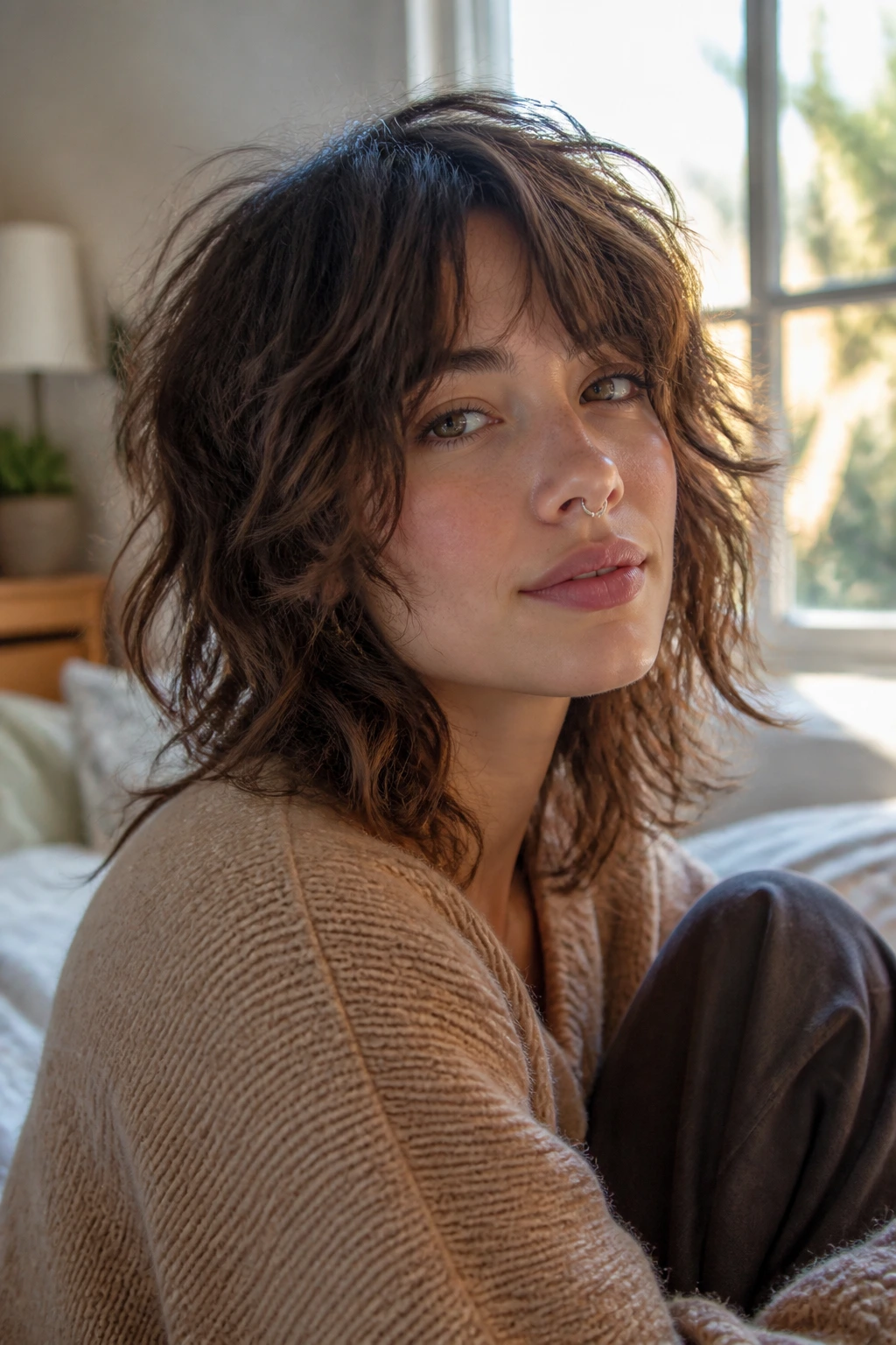 Close-up of a woman with soft wolf cut on medium-length hair, diffuse waves and natural light