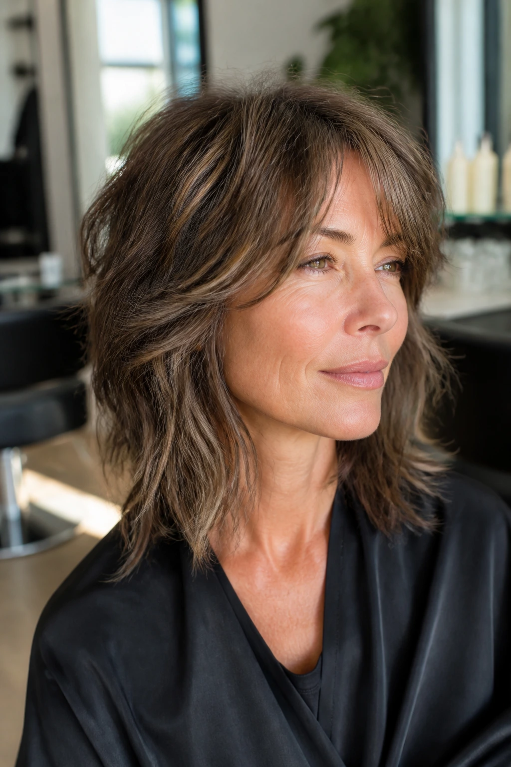 Soft wolf cut on real woman with medium hair in salon light