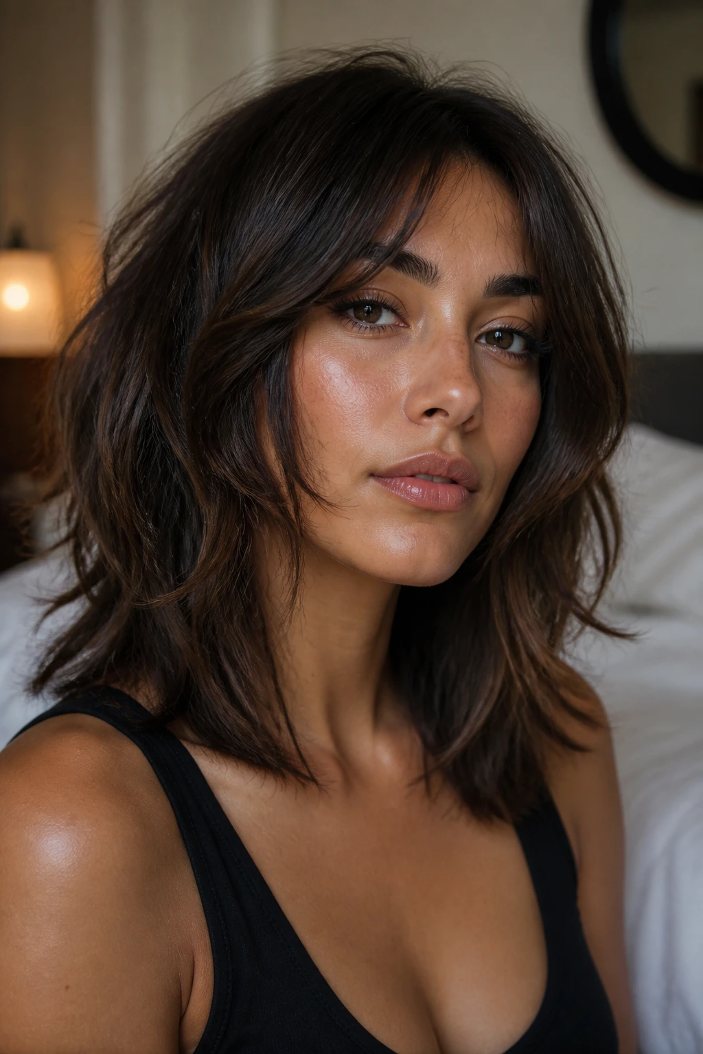 Close-up portrait of a real woman with a soft wolf cut on mid-length brunette hair and olive skin in warm window light