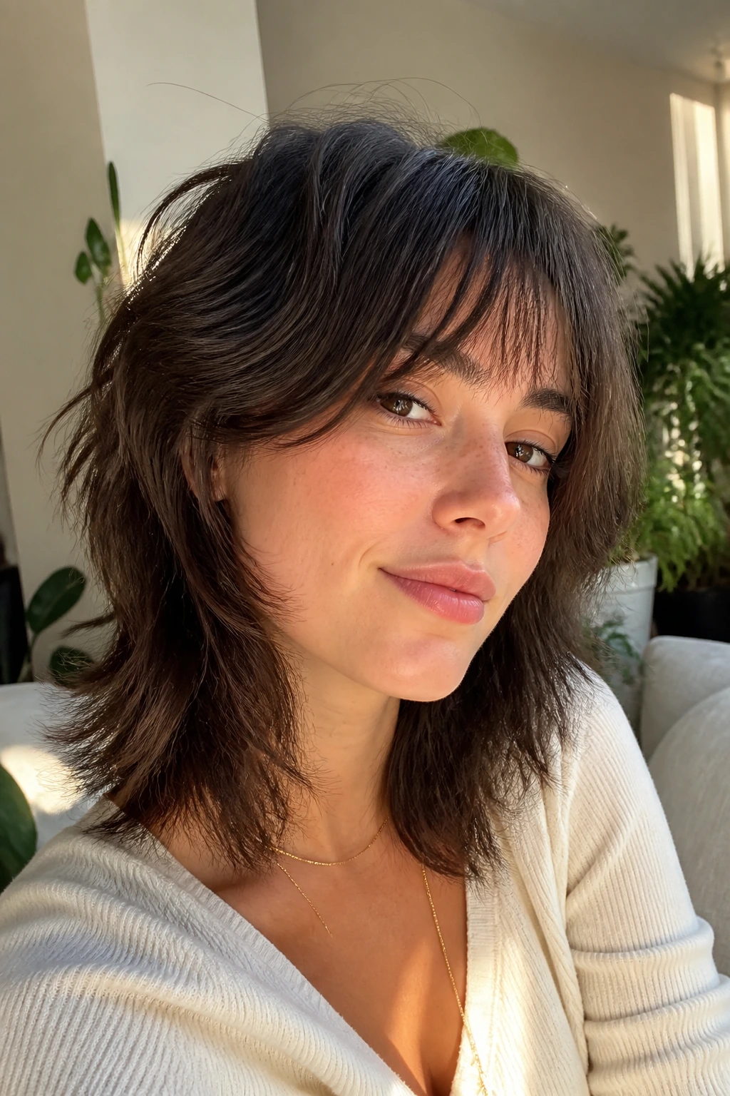 Close-up portrait of a real woman with a soft wolf cut showing perimeter and crown lift.
