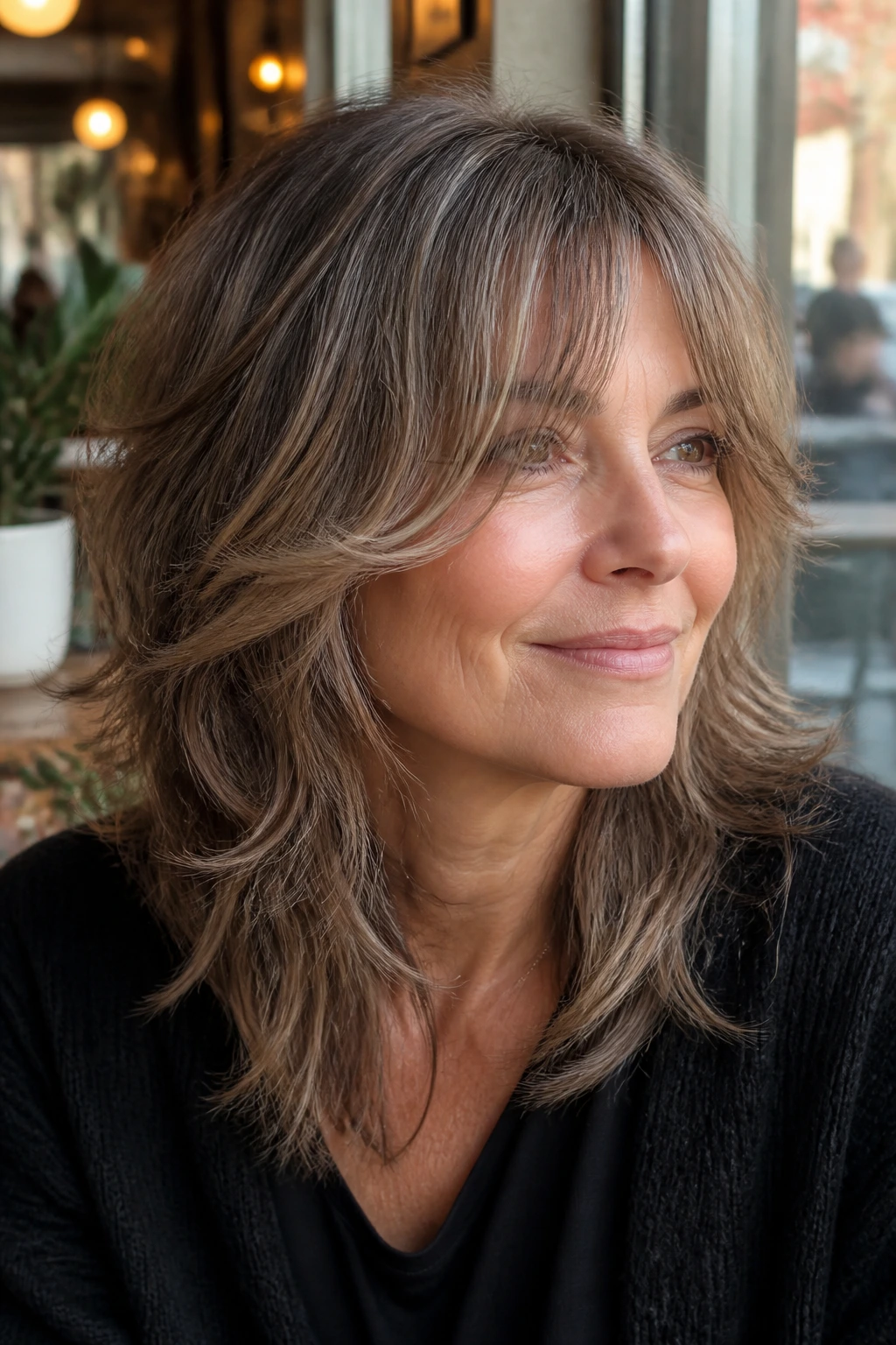 Close-up of a real woman with soft wolf cut and overlap bangs, natural light.