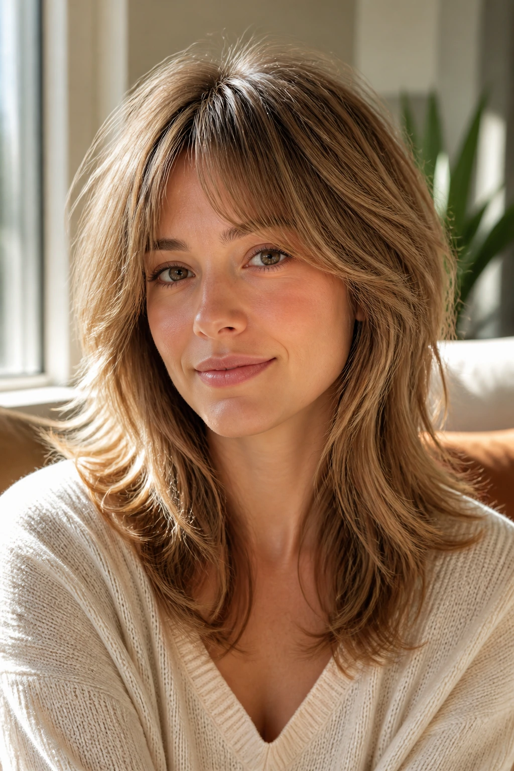 Close-up of a real woman with a soft wolf cut for fine hair, crown lift and long perimeter in warm window light