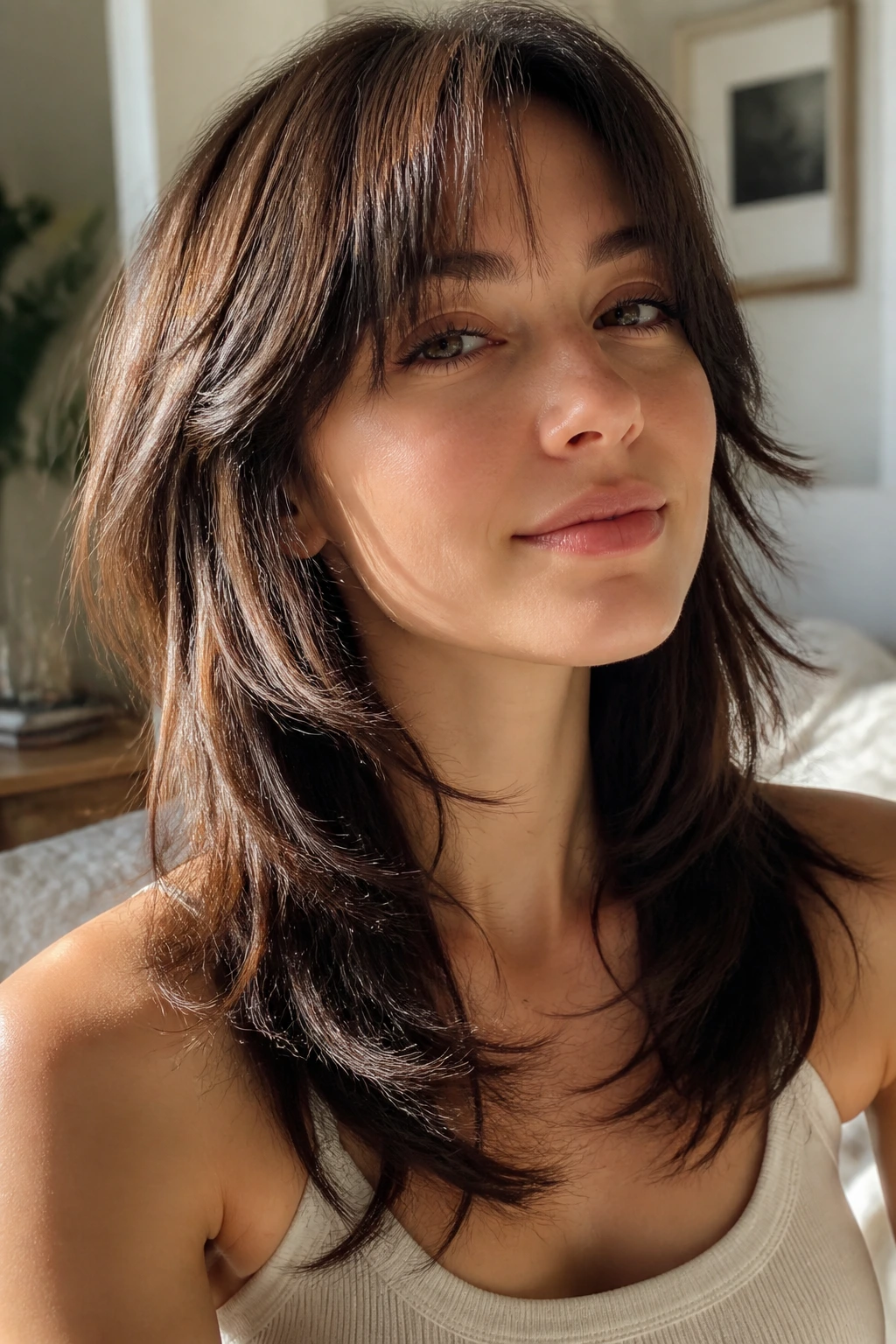 Close-up portrait of a real person with a soft wolf cut on straight hair