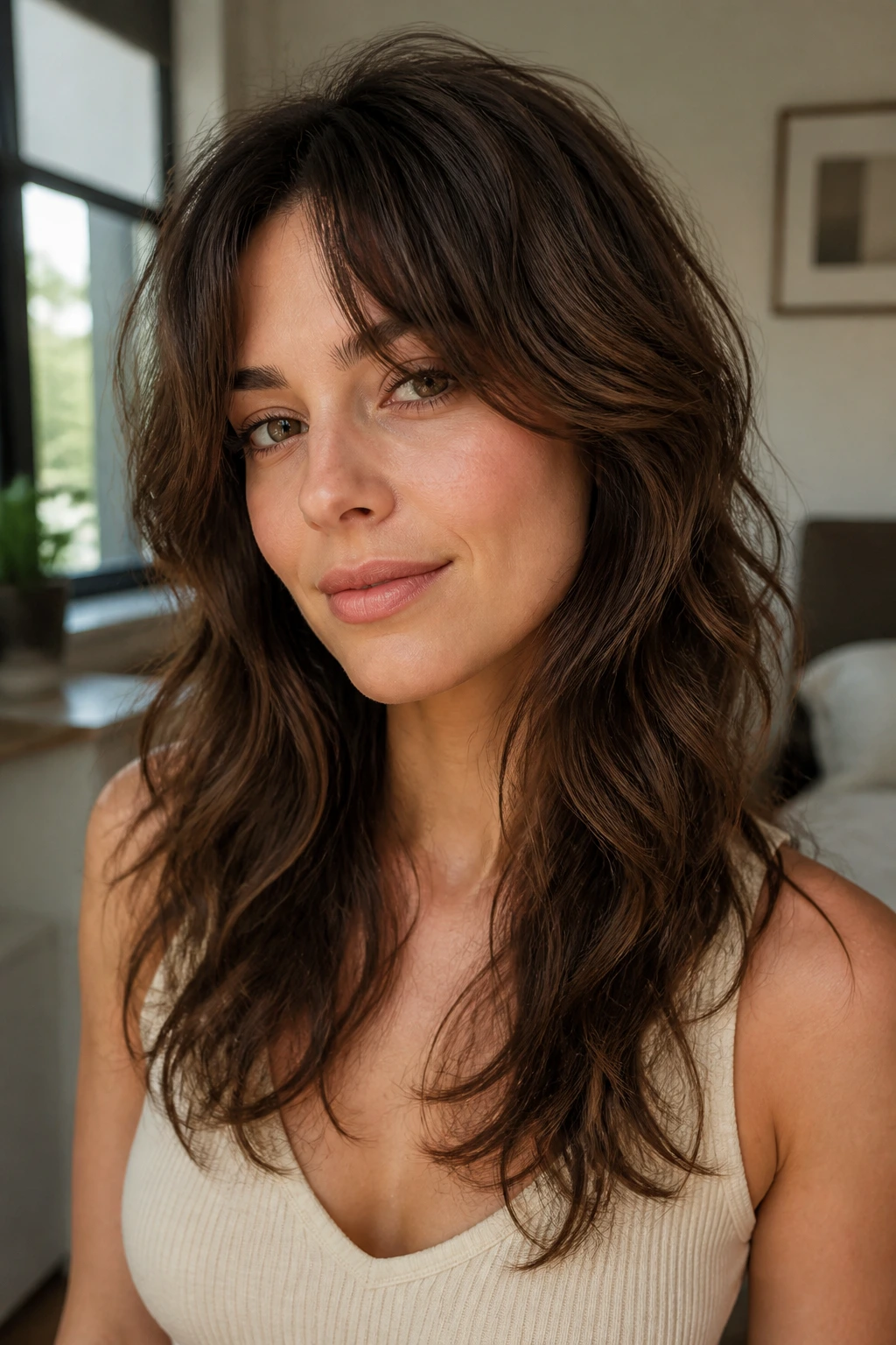 Close-up portrait of real person with a soft wolf cut on thick hair.