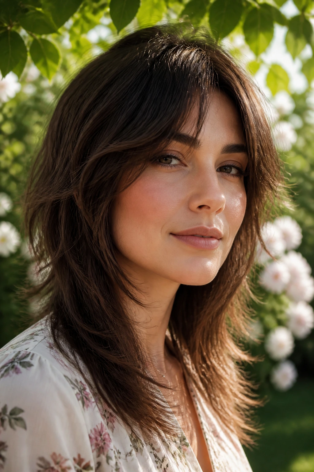 Real woman with soft wolf cut and long perimeter in natural outdoor light