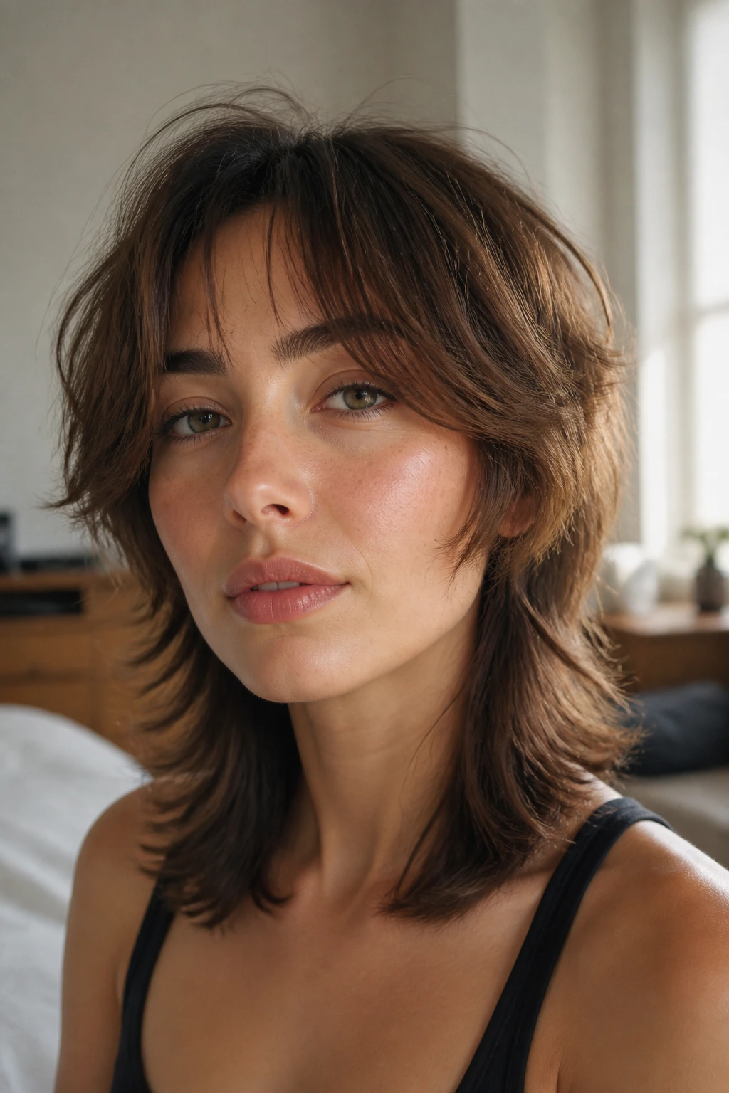 Close-up portrait of a real woman with a soft wolf cut featuring lifted crown and thick bottom perimeter in warm window light