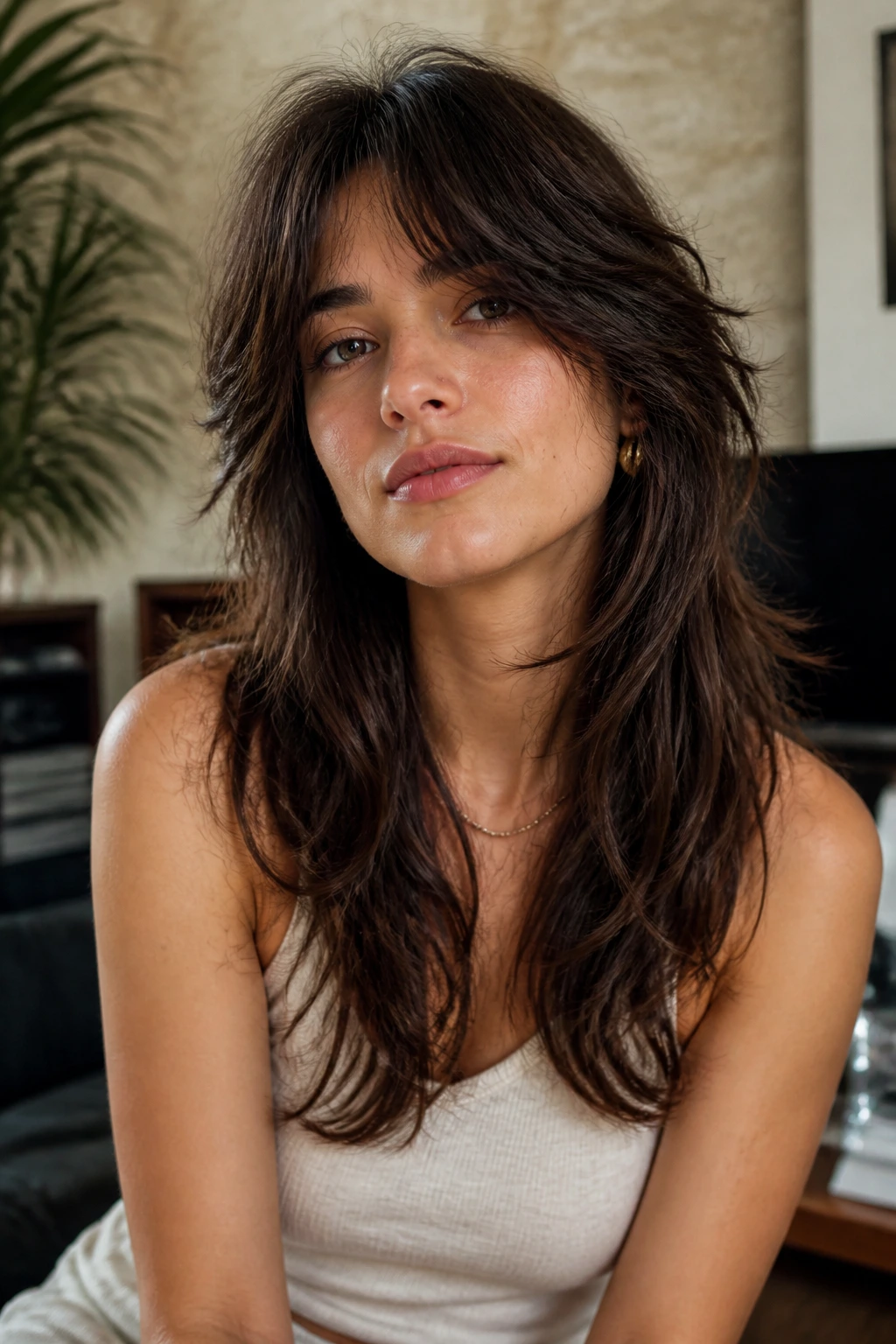 Portrait of a real person with soft wolf cut, crown lift and longer textured ends.