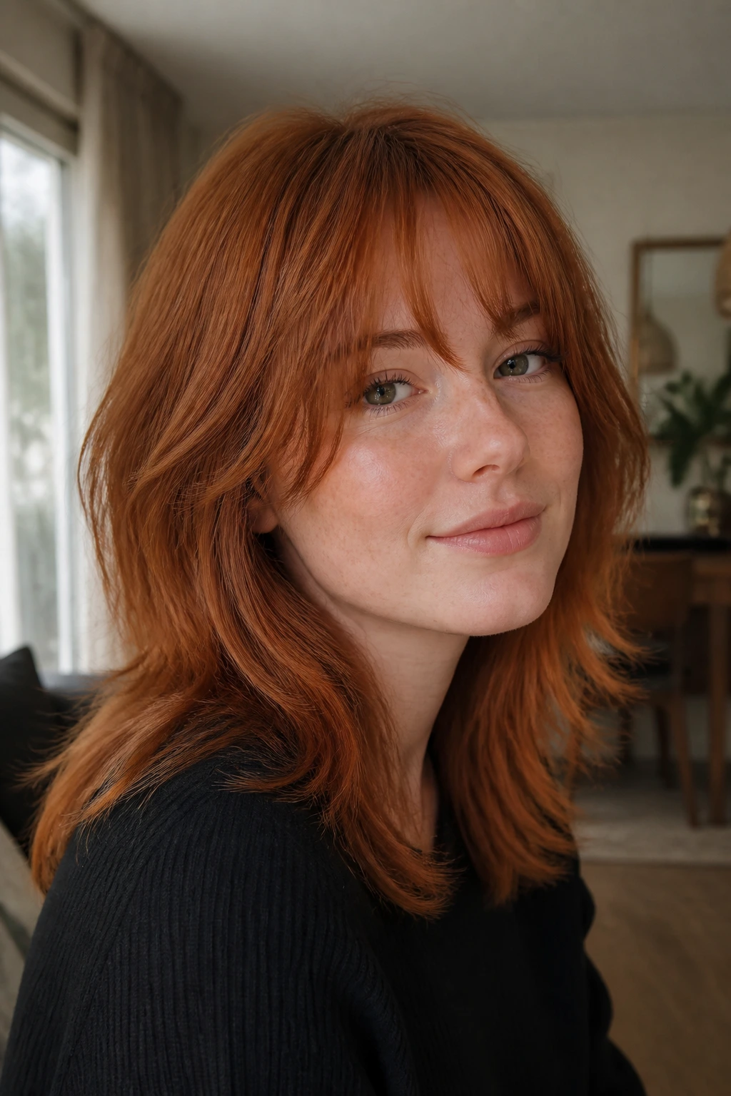 Close-up of a woman with a soft wolf cut on medium red hair