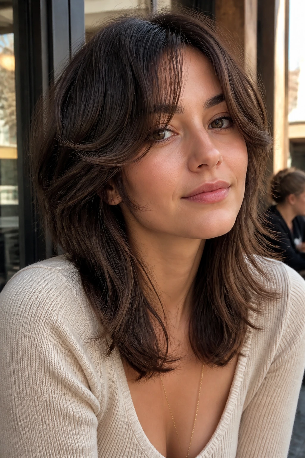 Portrait of a woman with a soft wolf cut with rounded edges